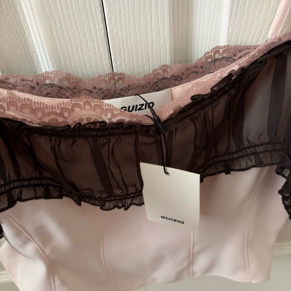 NWT Danielle Guizio Ruched Chiffon Lace tank - Picture 2 of 6